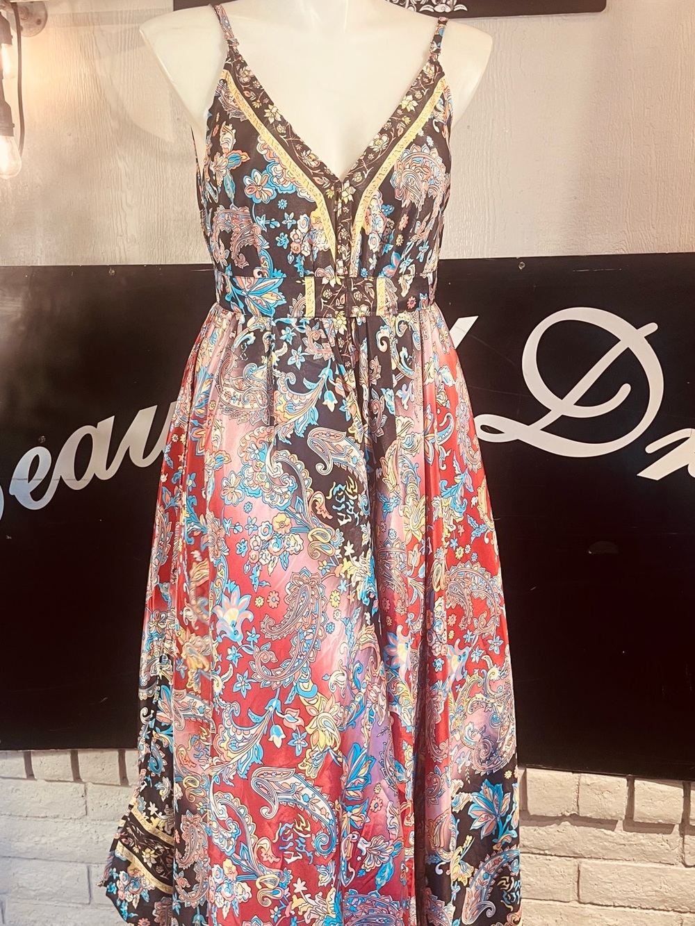 Bohemian Paisley V-Neck Maxi Dress in Red and Black